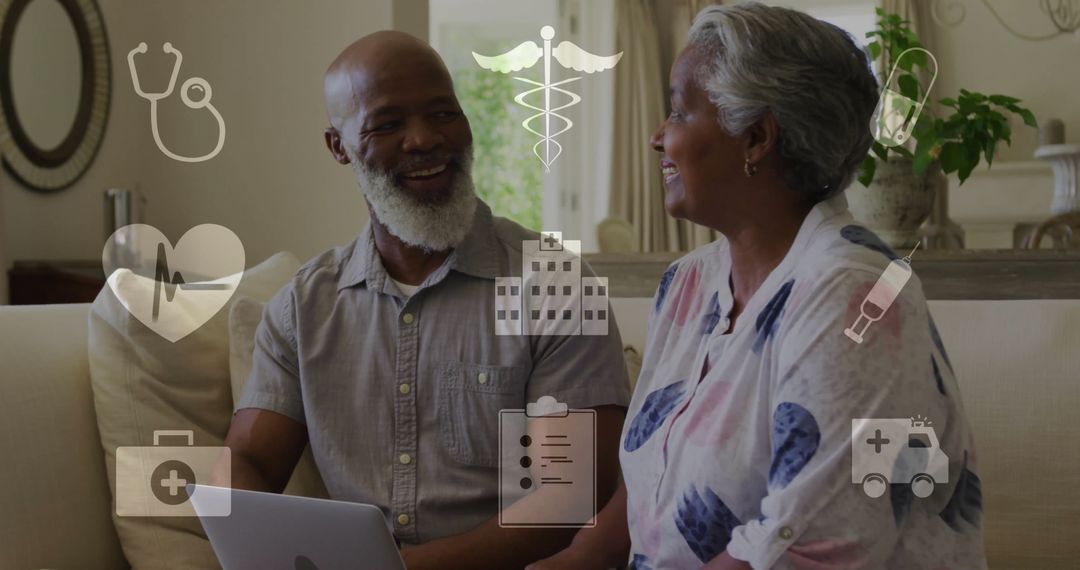 Smiling Mature Couple Discussing Health Information on Laptop