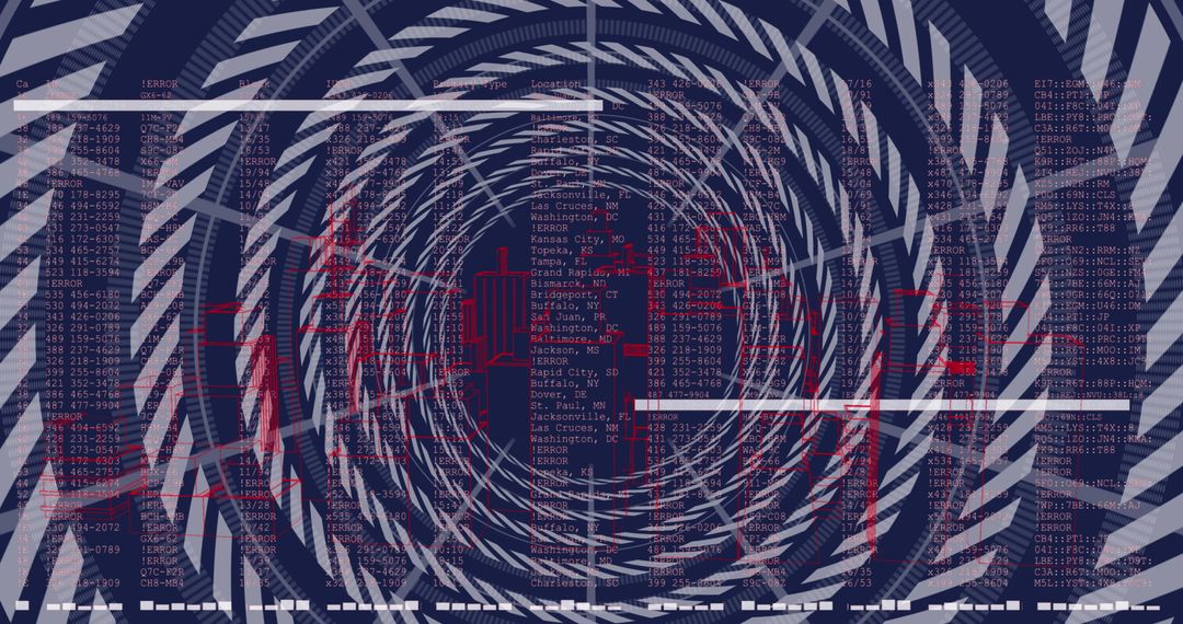 Tech city interface with rotating data patterns