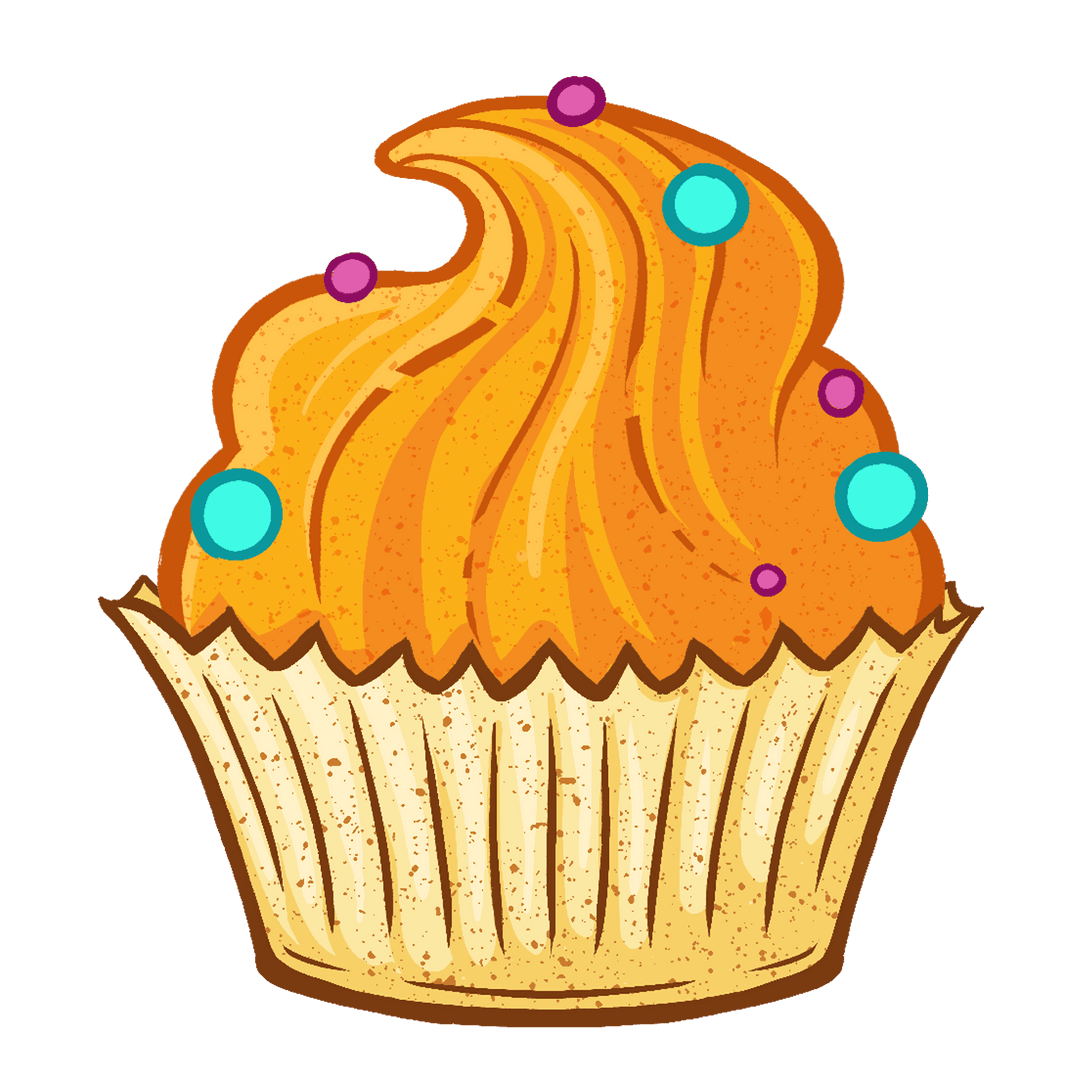 Cartoon Cupcake with Orange Frosting on Transparent Background