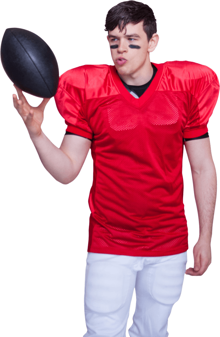 Transparent Football Player Spinning Football While Wearing Red Jersey and Facepaint