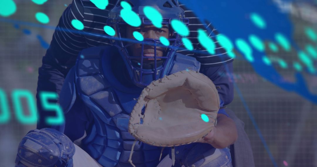 Baseball Catcher in Action with Technology Visualization Overlay