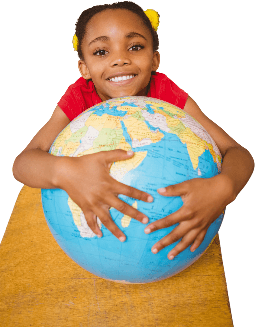 Smiling Girl Embracing Globe on Transparent Background