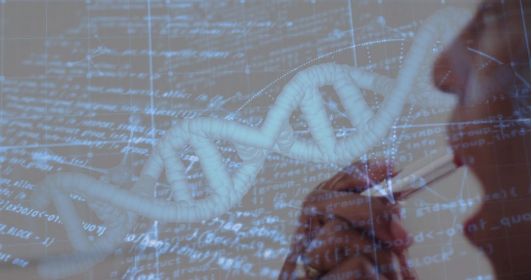 DNA Helix and Abstract Code Overlay Highlighting Biotechnology Innovation