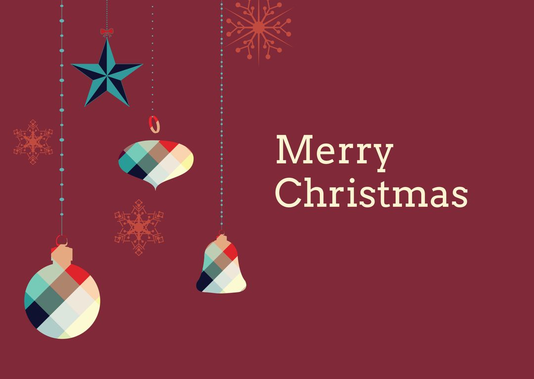 Colorful Hanging Ornaments on Red Background with Merry Christmas Message