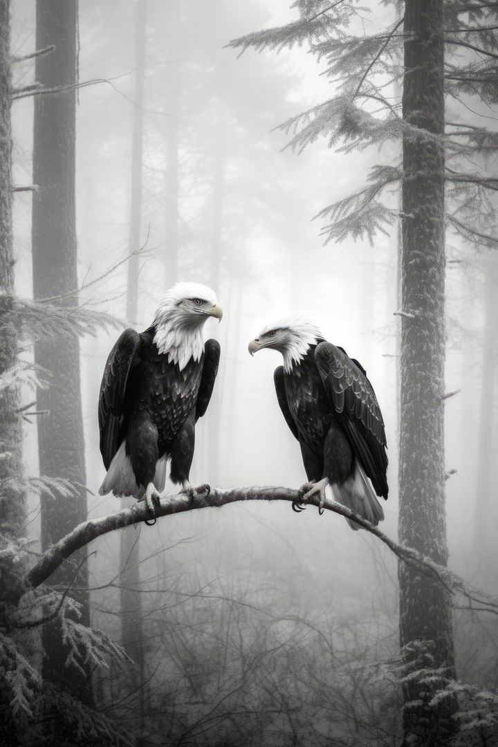 Bald Eagles Perching on Branch in Misty Forest - Free Images, Stock Photos and Pictures on Pikwizard.com