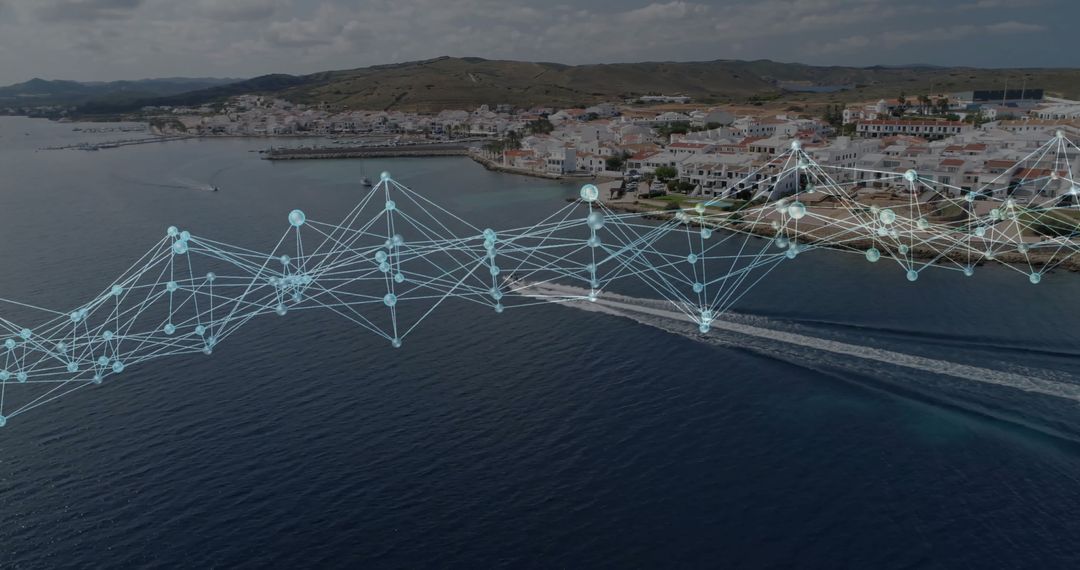 Digital Network Over Sea with Coastal Townscape