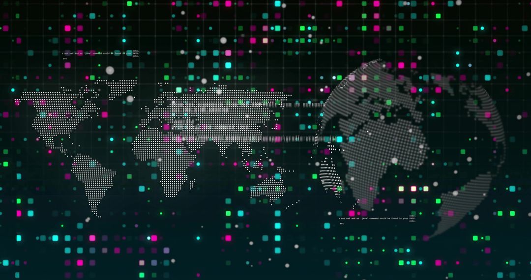 Digital World Map and Globe with Data Points on Virtual Grid