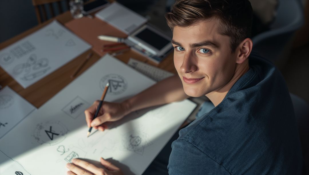 Young Designer Sketching Logo Concepts at Wooden Desk Holding Pencil and Smiling