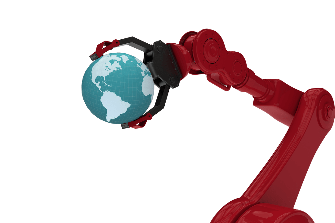 Transparent Red Robotic Claw Holding Digital Planet Earth