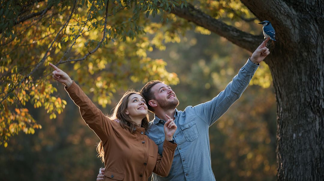 Couple Pointing at Bluebird Perching on Finger Amid Golden Autumn Foliage
