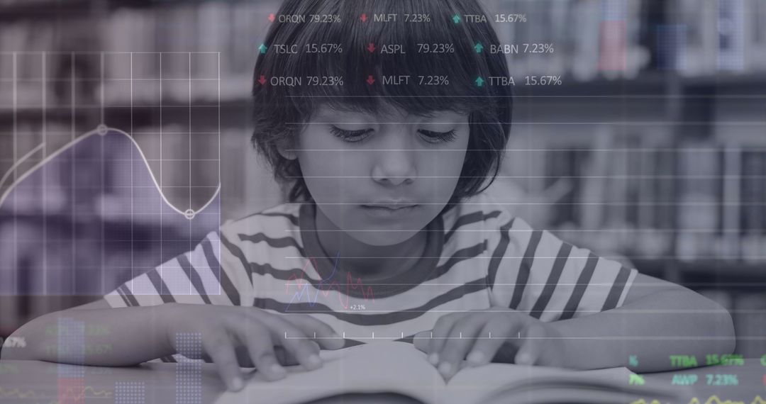 Boy Studying in Library with Financial Data Overlay