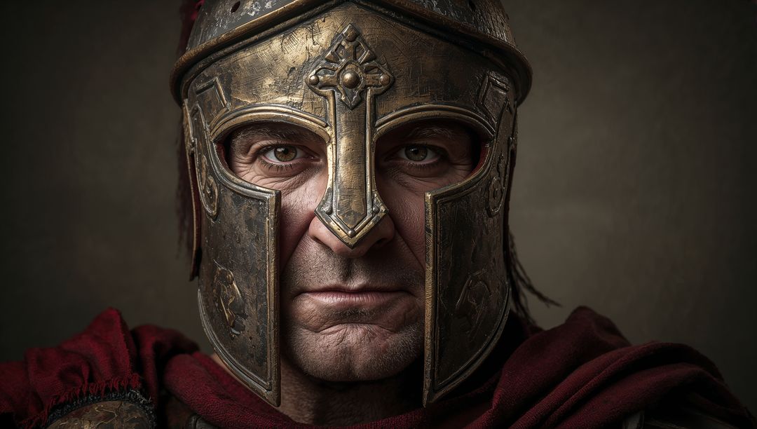 Stoic Roman Centurion Staring Through Ornate Patinated Bronze Helmet Wearing Red Cloak