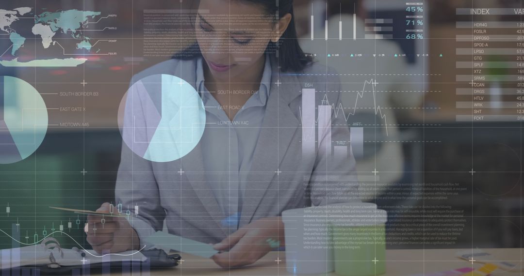 Businesswoman Analyzing Financial Data with Digital Interface Overlay