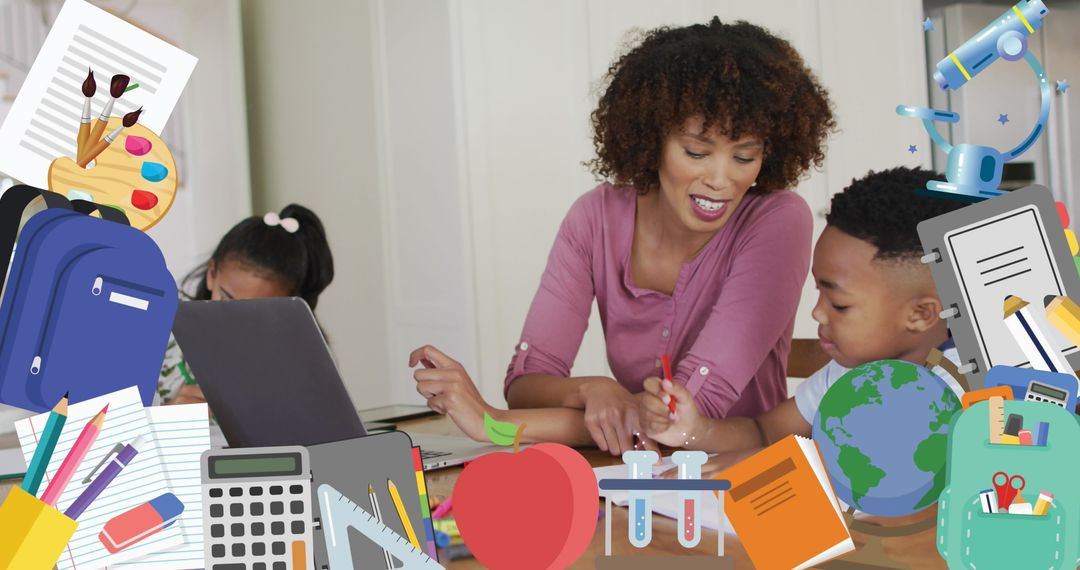 Mother Sharing Learning Moments with Children Surrounded by School Supplies