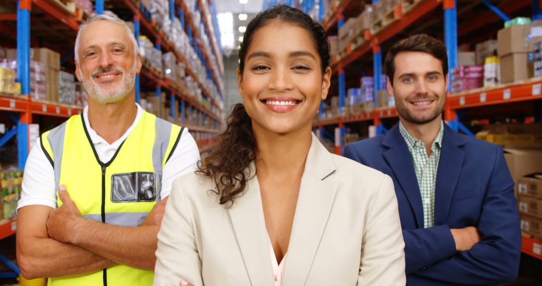 Diverse Team Smiling in Warehouse Aisle