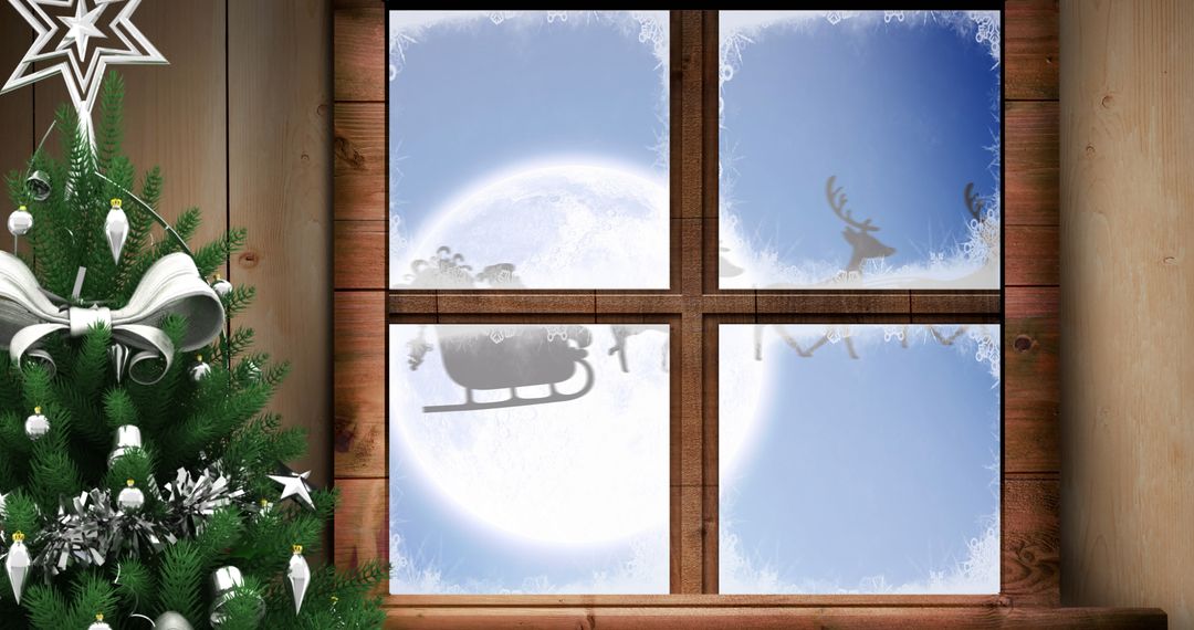 Magical Santa Sleigh Flying by Snowy Window at Christmas