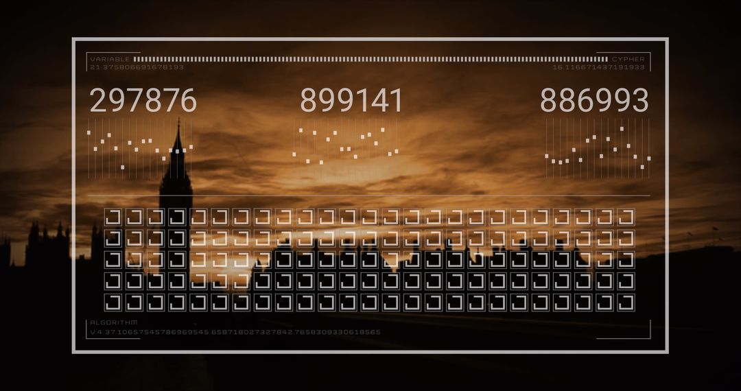Digital Data Streams and Numbers over City Silhouette