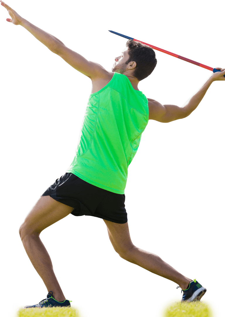 Caucasian Male Javelin Thrower on Transparent Background in Athletic Stance