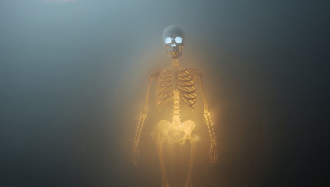 Glowing Skeleton Radiates Light in Misty Biometric Display