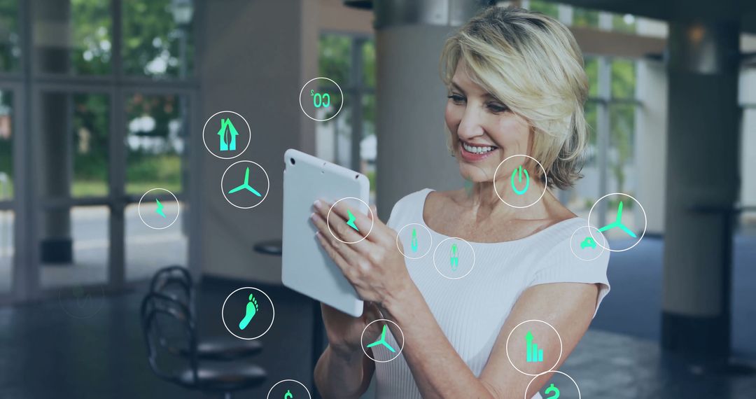 Businesswoman Engaging with Digital Ecology Interface on Tablet