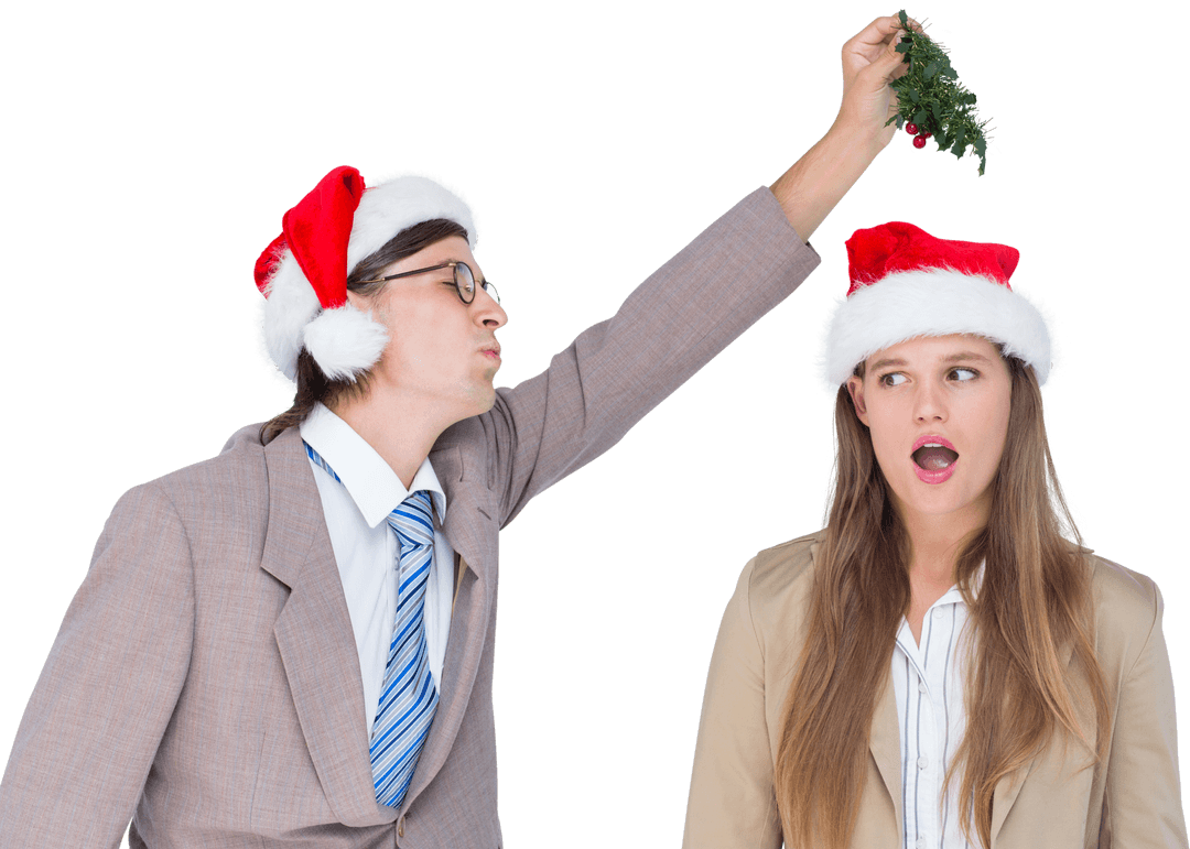 Playful Couple Under Mistletoe with Transparent Background