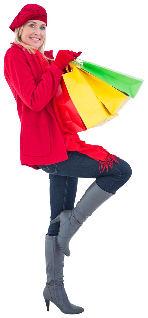 Smiling Woman in Winter Outfit Holding Colorful Shopping Bags Transparent PNG - Download Free Stock Images Pikwizard.com