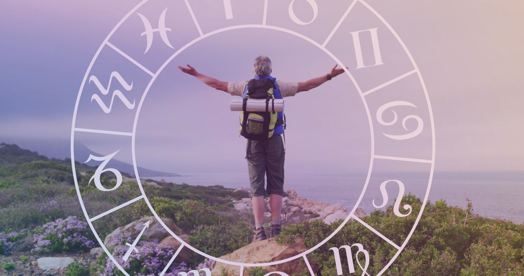 Hiker Embracing Nature with Zodiac Symbols Overlay