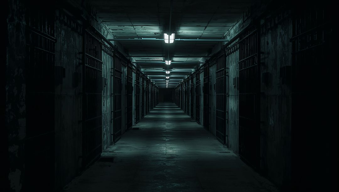 Dark Prison Corridor with Fluorescent Lighting