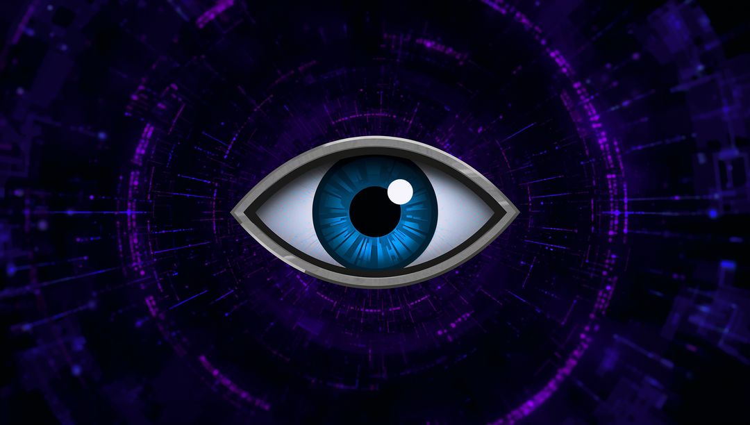 Cybernetic Blue Eye Monitoring Digital Network with Neon HUD Rings and Metallic Frame