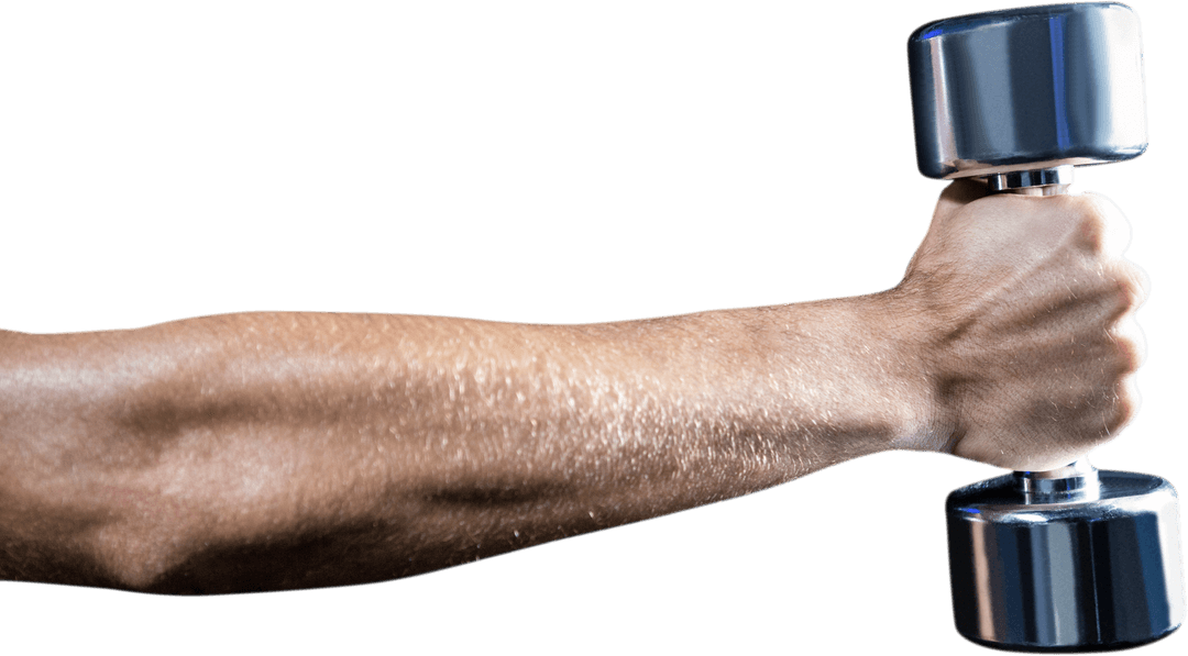 Strong Arm Lifting Shiny Metal Dumbbell on Transparent Background