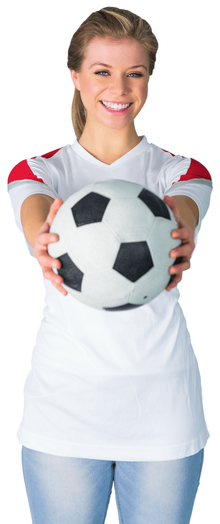 Smiling Soccer Fan Holding Ball with Cheerful Expression Transparent Background