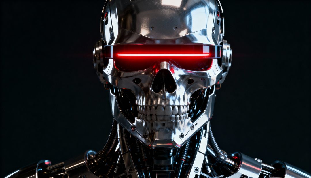 Chrome Skull Android with Red LED Visor and Exposed Endoskeleton for Sci-Fi Concept Art