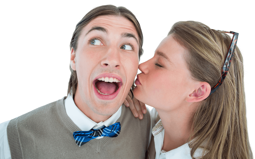 Geeky Hipster Receives Playful Kiss on Transparent Background