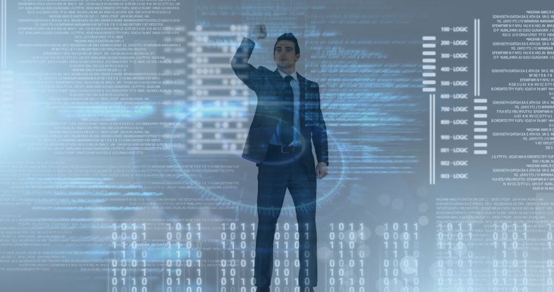 Businessman Interacting with Digital Binary Data Interface - Free Images, Stock Photos and Pictures on Pikwizard.com