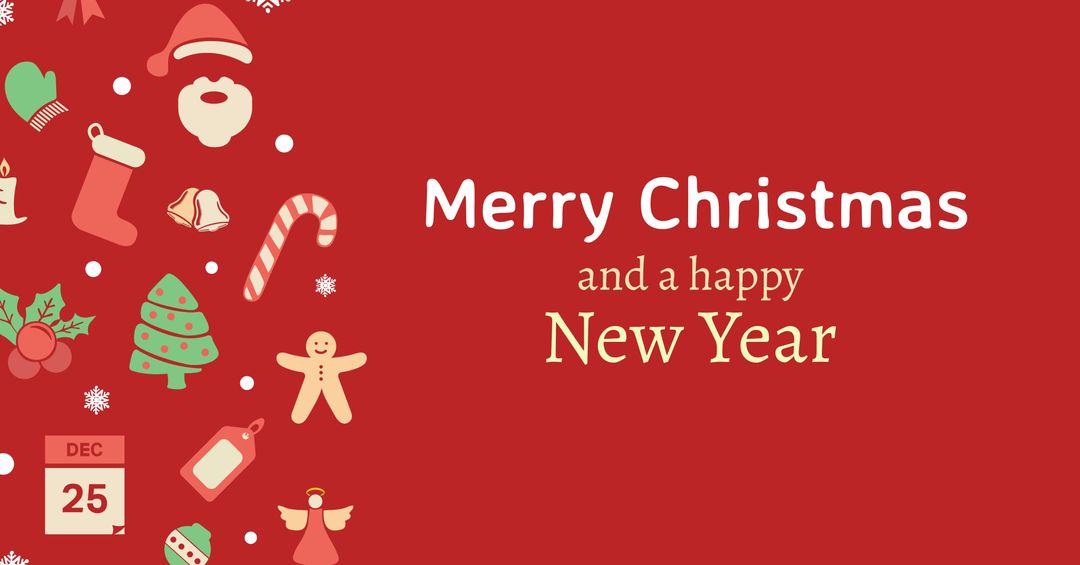Festive Christmas Card with Holiday Symbols on Red Background
