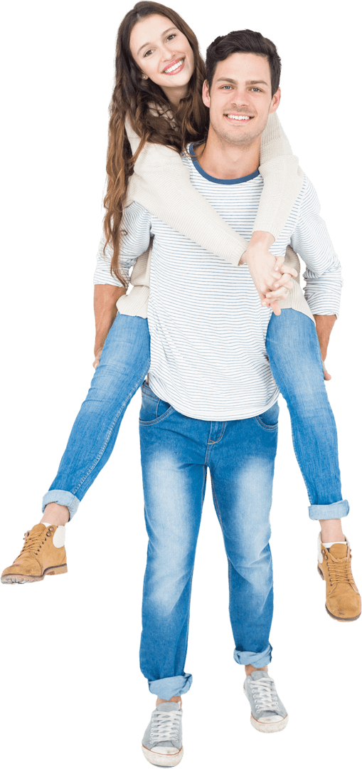 Cheerful Couple Piggybacking on Transparent Background