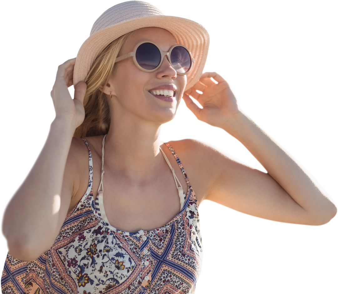 Smiling Woman Enjoying Sunny Day Wearing Straw Hat Transparent Background - Download Free Stock Images Pikwizard.com