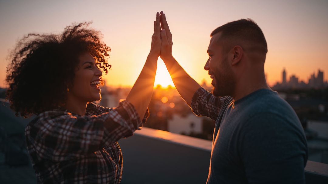 Smiling Couple High-Fiving on Rooftop at Sunset with Sun Flare and Urban Skyline at Golden Hour
