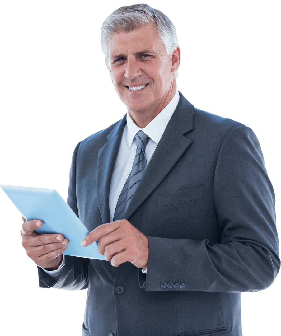 Smiling Elderly Businessman Using Tablet on Transparent Background