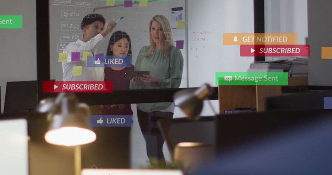 Diverse Coworkers Planning Digital Strategy with Notifications Overlay