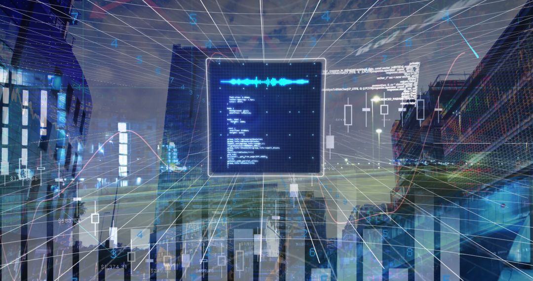 Data Processing Montage Over Cityscape