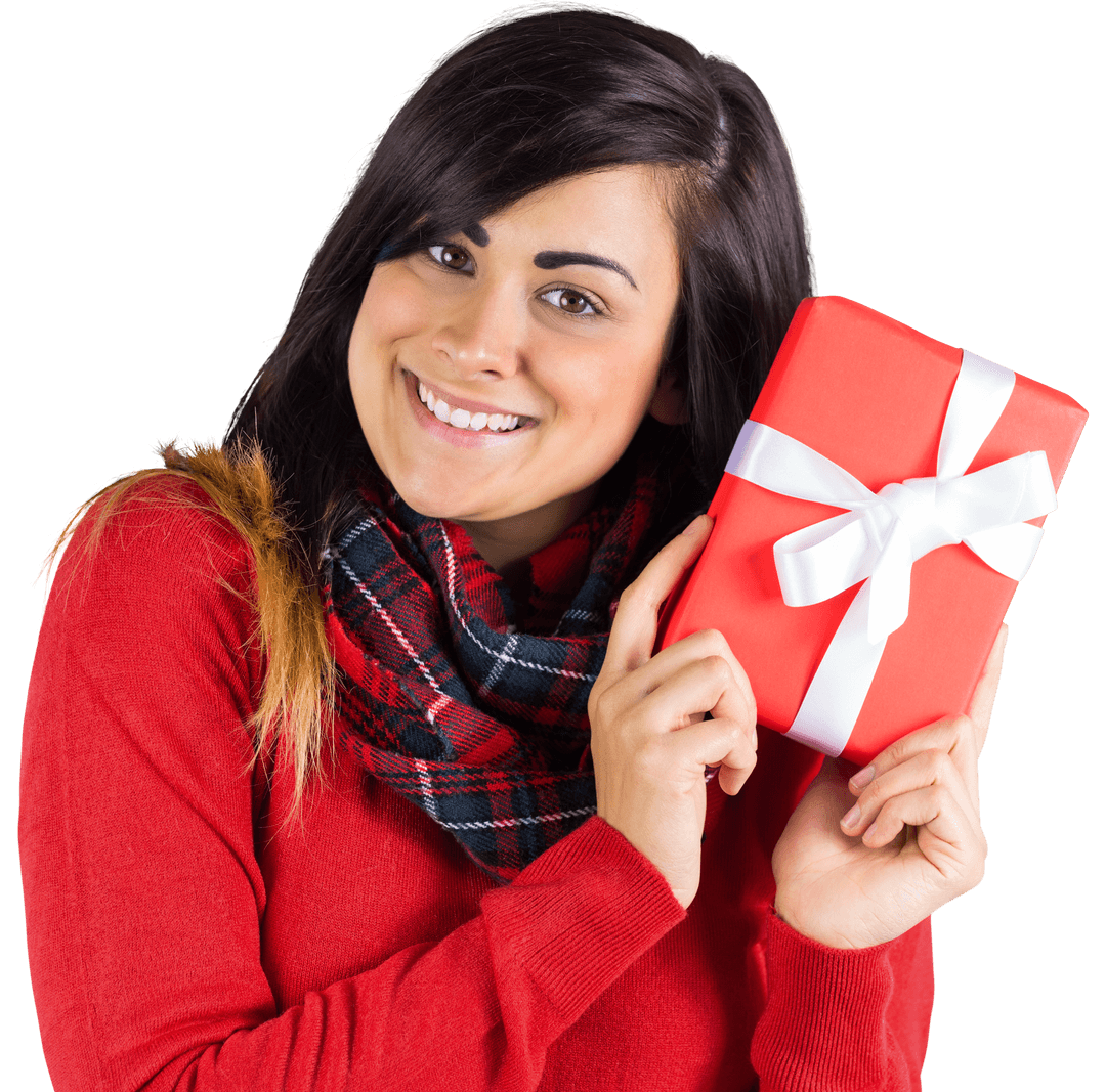 Smiling Woman Holding Transparent Gift Box with Ribbon
