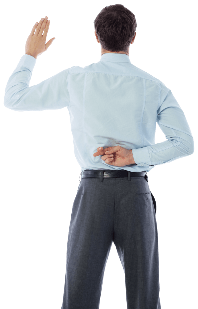 Businessman with Fingers Crossed Behind Back in Transparent View