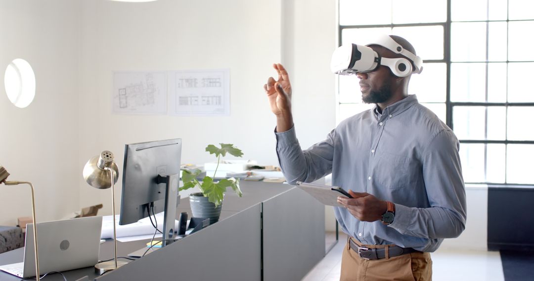 Businessman Using Virtual Reality Headset in Modern Office Environment