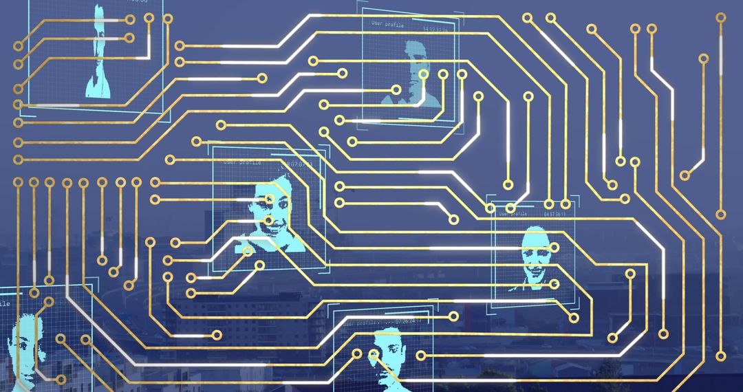 Digital Integration of Human Faces with Circuitry Overlaying Cityscape