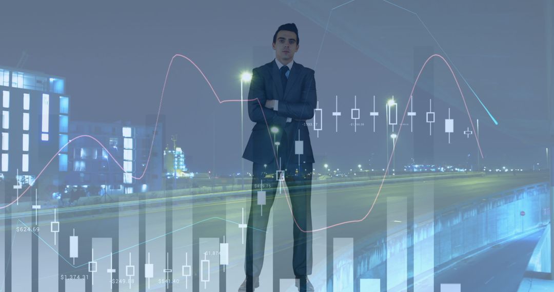 Confident Businessman Analyzing Digital Financial Graphs Nighttime