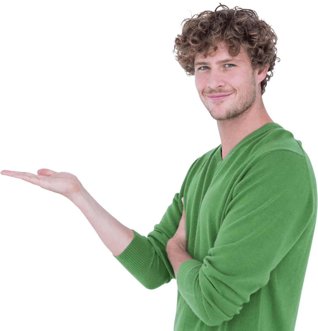 Smiling Man Presenting with Open Hand Gesture on Transparent Background