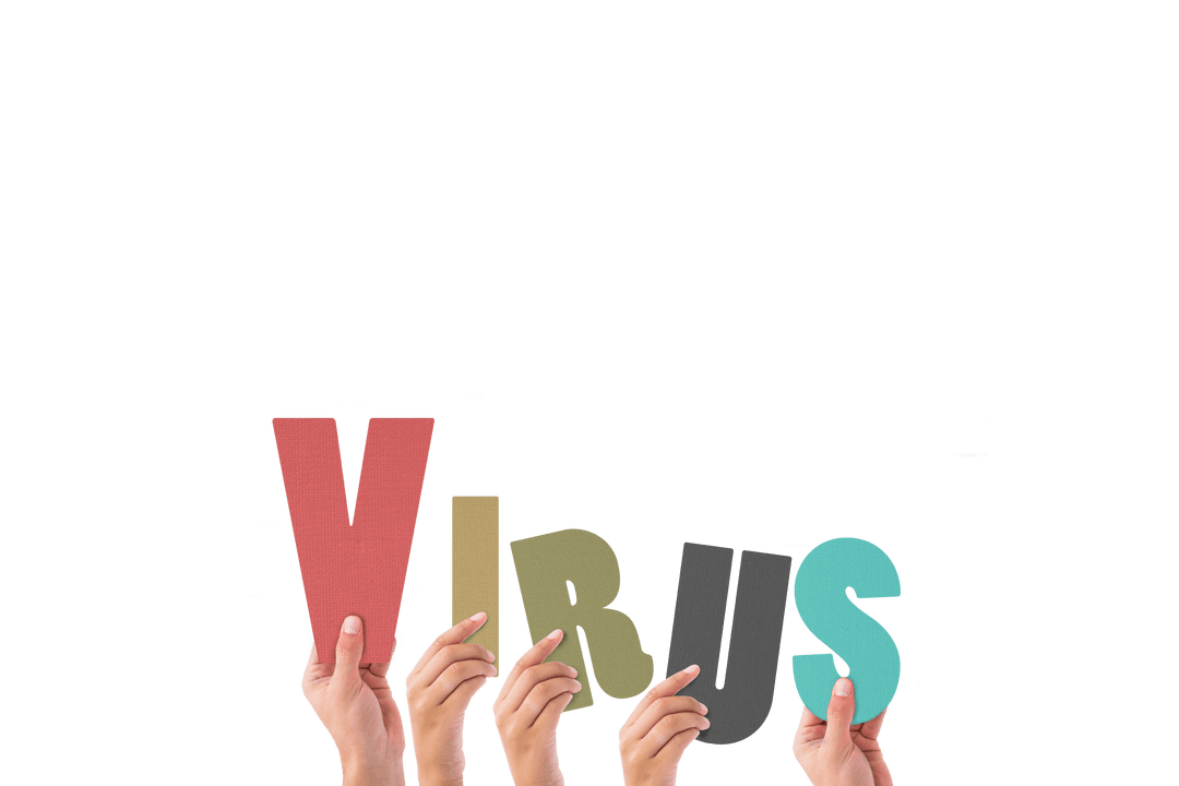 Hands Holding Colorful Virus Letters on Transparent Background