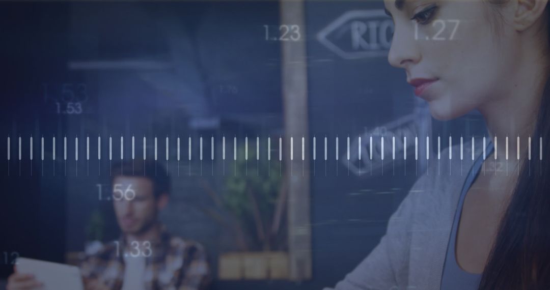 Tech Icons Overlay and Woman Using Laptop in Modern Office