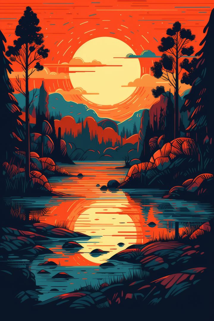 Stylized Sunset Landscape with River Reflecting Sun - Free Images, Stock Photos and Pictures on Pikwizard.com